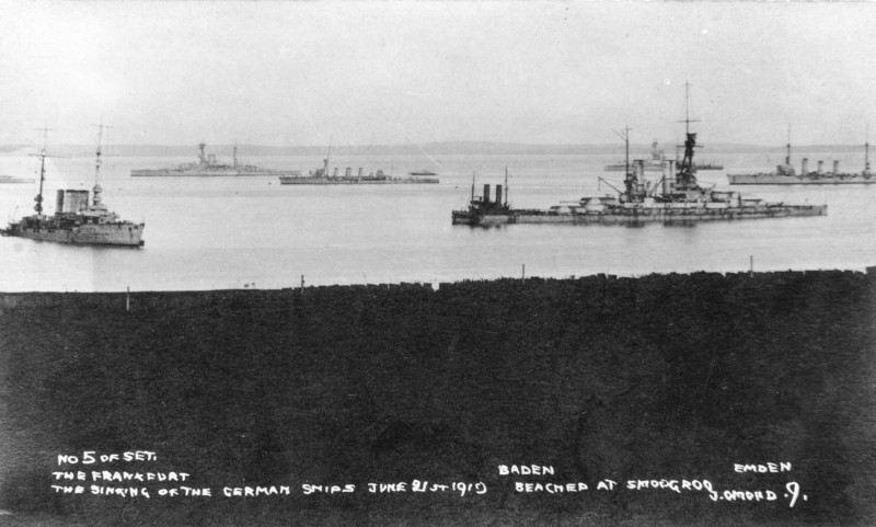 HMS Resolution lying off the beached German ships, Frankfirt, Baden and Emden. Orkney Library & Archive. HMS Resolution lying off the beached German ships, Frankfirt, Baden and Emden. Orkney Library & Archive.