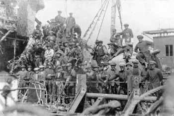 Salvage team on raised destroyer © Orkney Library and Archive